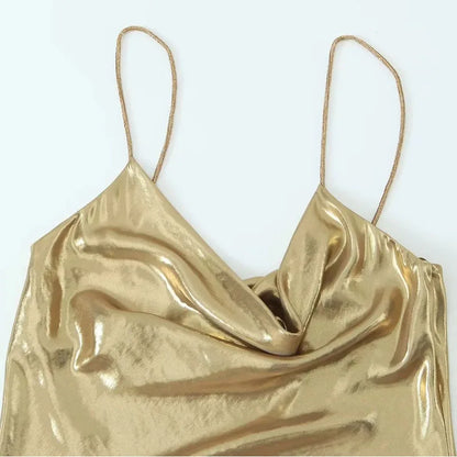 TRAF Slip Dress Backless Short Dresses for Women 2023 Sexy Gold Silver Dress Party Mini Prom Gala Dresses Woman