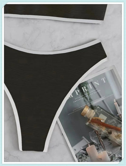 2023 Women Sexy Thong Swimsuit Push Up Swimwear Contrast Binding Bandeau Bikinis Female Bathing Suit Swimming Summer Beachwear