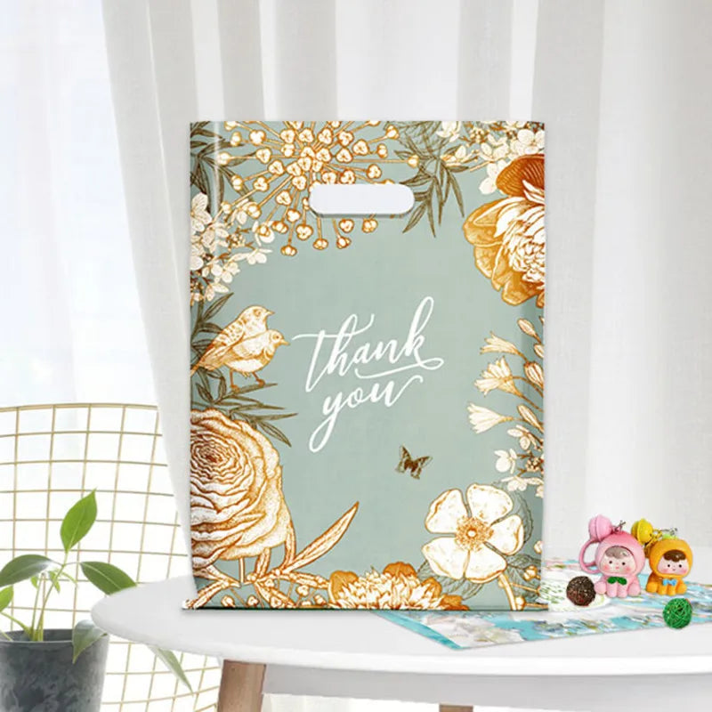 Thank You Flower Gift Bags For Small Business Plastic Shopping Bag Wedding Birthday Present Package Storage With Handle 10PCS