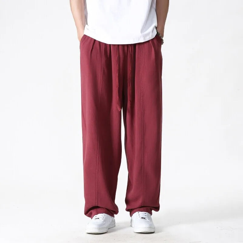 Summer Wide Leg Pants Men's Cotton Linen Harun Loose Pants Men Casual Elastic Waist Circumference Lantern Trousers Plus Size 5XL