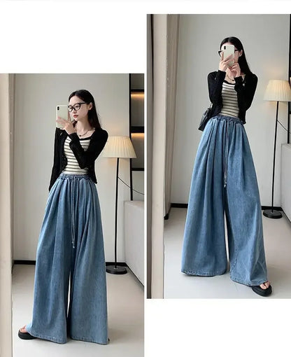 2024 Autumn New Loose-Fit Plus Size Women's Jeans Slimming Wide-Leg Ground-Length Simple Style Casual Ladies Pants