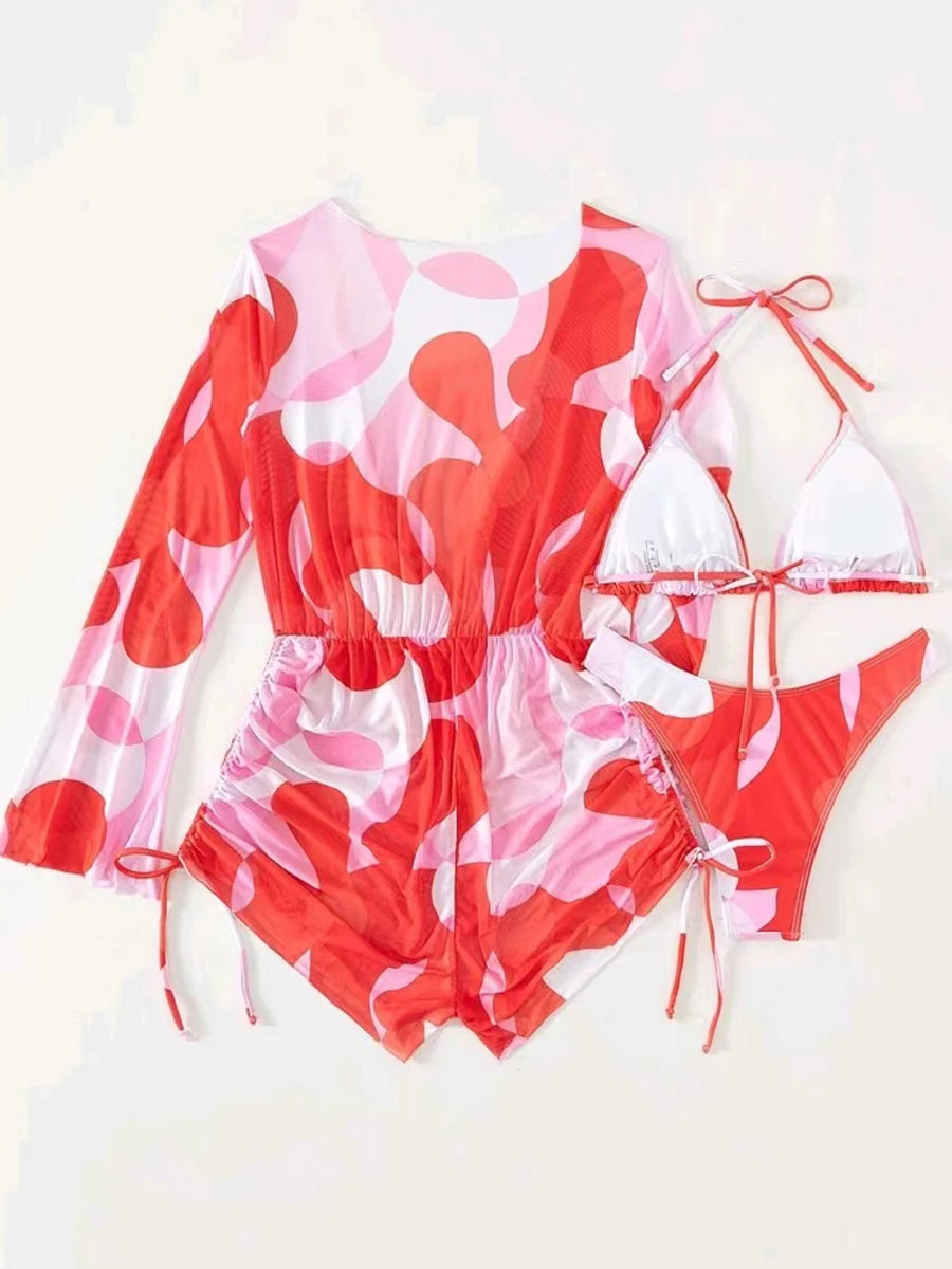 3 Pieces Triangle Halter String Bikini Long Sleeve Swimsuit Women Swimwear Female Bathers Bathing Swimming Swim Suit