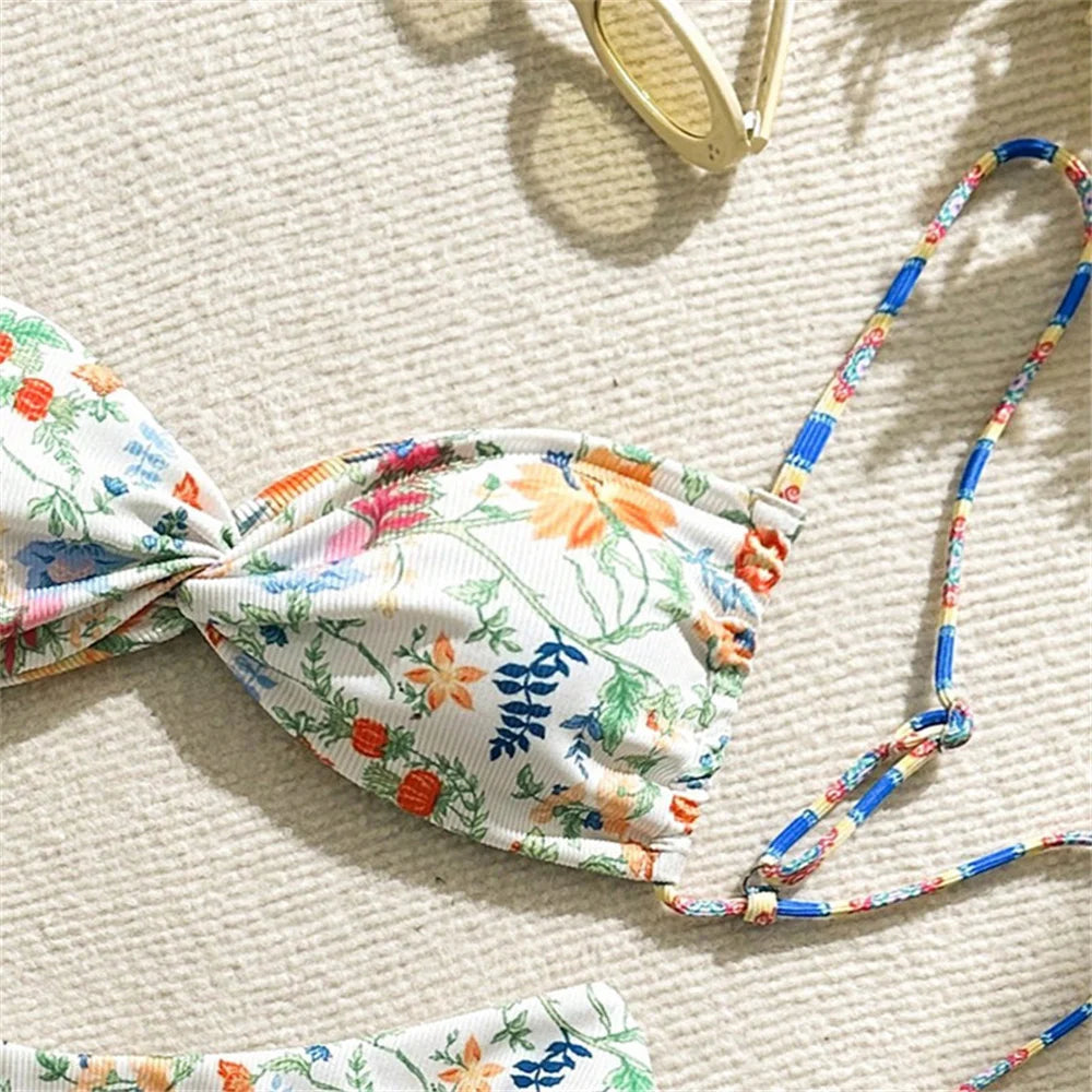 Vintage Floral Bikini Swimwear Y2K Sling Swimsuit String Backless Beach Outfits Bathing Suits Women Biquinis Femininos Sexys Set
