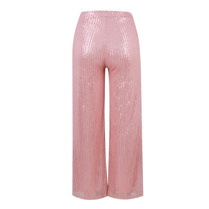 Women's Fashion Solid Color High Waist Sequin Side Zipper Draped Wide Leg Pants Pants for Women Women’s Pants Women’s Pants 2024