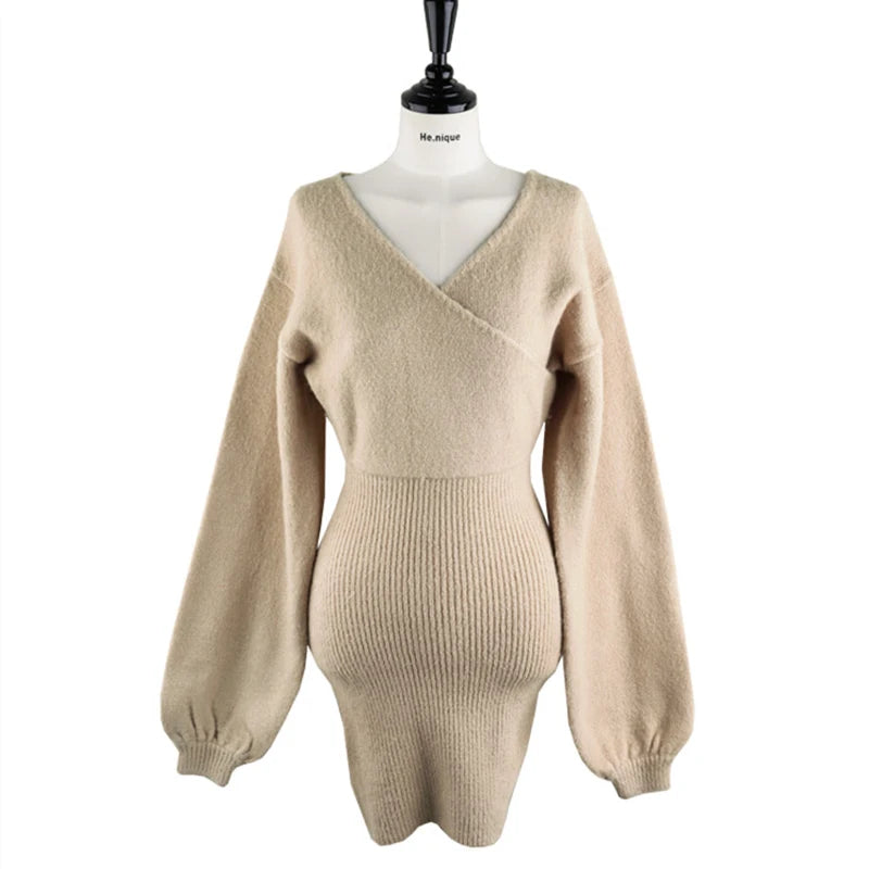2023 Spring Autumn Sexy Cross V-neck Wrap Hip Dresses Women's Knitted Sweater Dress Fashion Tight Short Dress