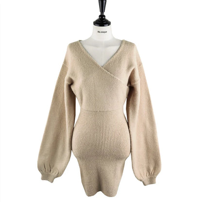 2023 Spring Autumn Sexy Cross V-neck Wrap Hip Dresses Women's Knitted Sweater Dress Fashion Tight Short Dress