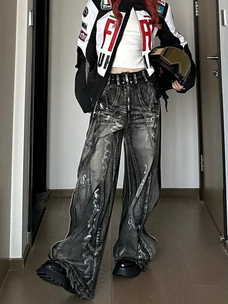 American Style Vintage Wide Leg Jeans For Men And Women Heavy Duty Ribbon Embellishment Hip Hop Sensibility Casual Pants