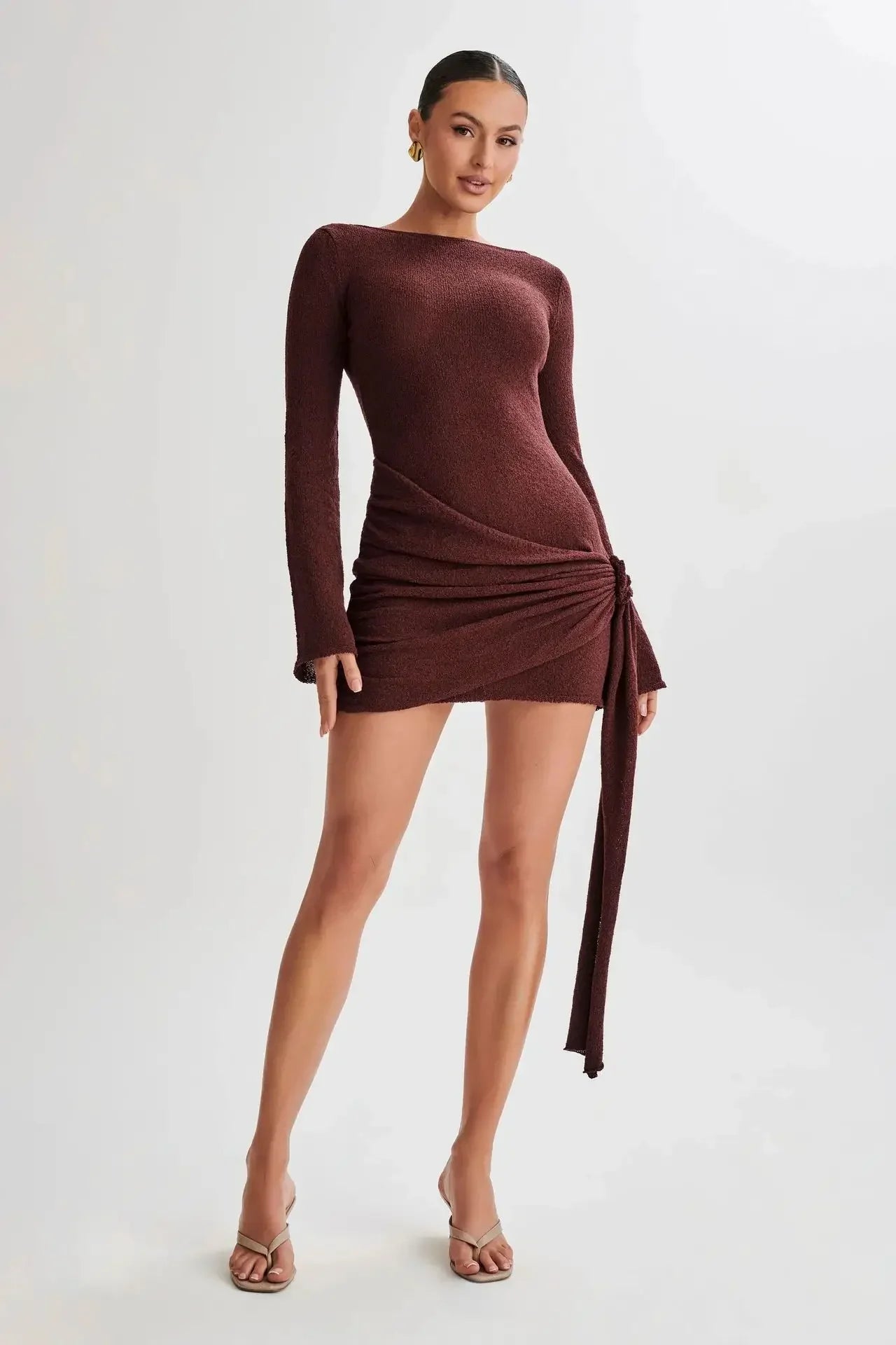 TARUXY Backless Sexy Knitted Dresses Women's Floral Lace Up Irregular Splice Slim Evening Mini Dress Autumn Elegant Long Sleeve