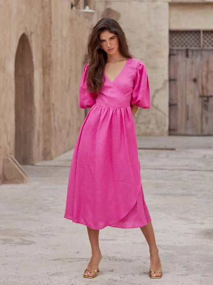 Bornladies 100% Cotton V-neck Waist Cinched Dress Unique Lantern Sleeve Sexy Slit Long Skirt Fashionable Women's Casual Dresses