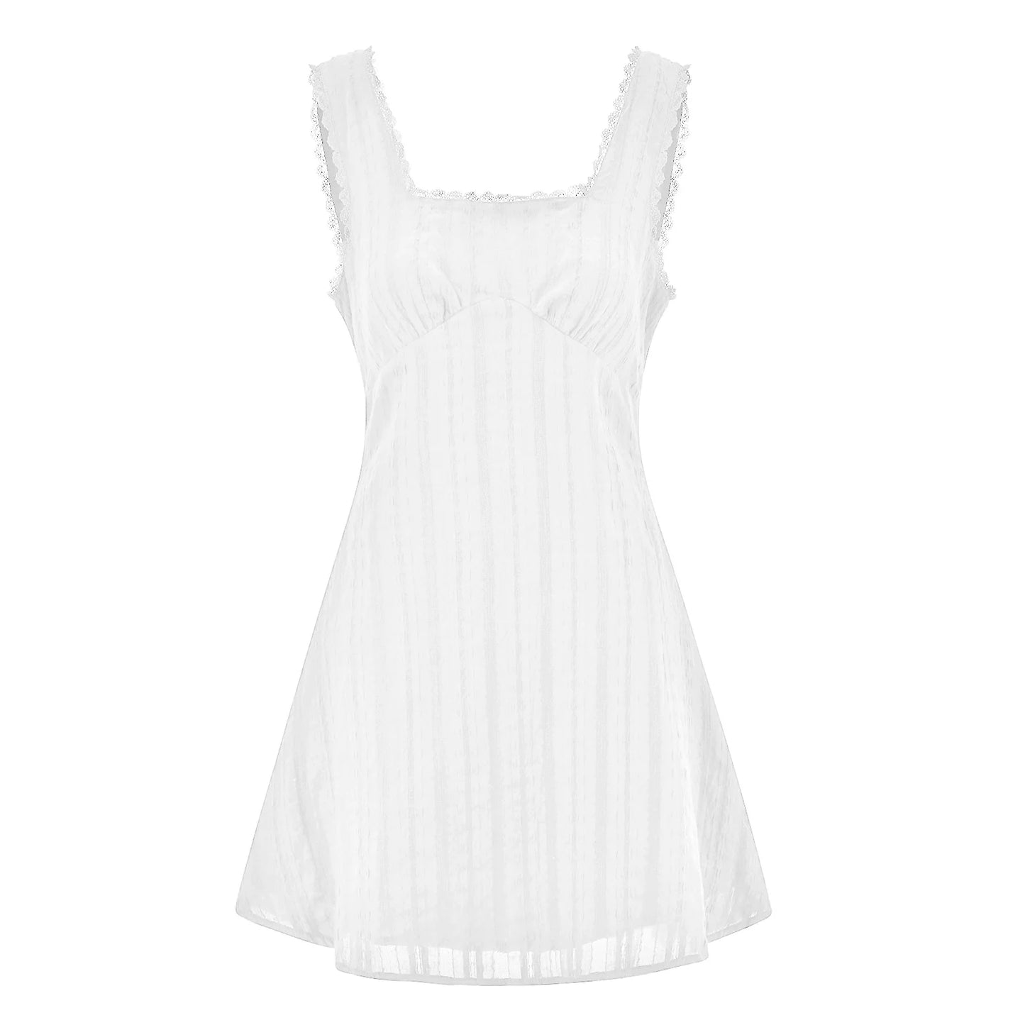 Women Summer White Short Dress Sleeveless Square Neck Lace Trim A-line Tank Dress Bohemian Casual Chic Dresses