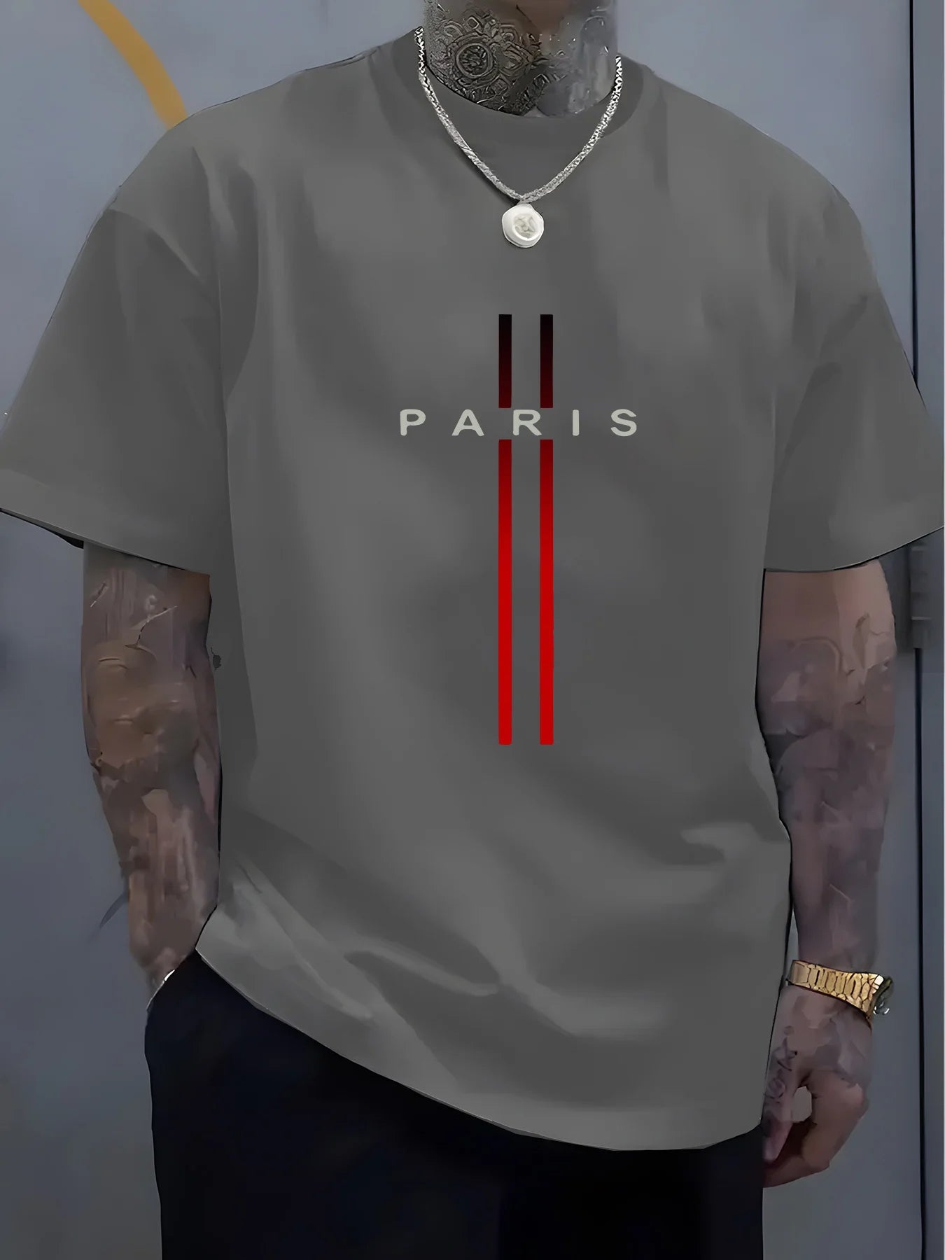 Summer men's 100% pure cotton casual loose fit plus size PARIS letter pattern printed round neck short sleeved T-shirt top