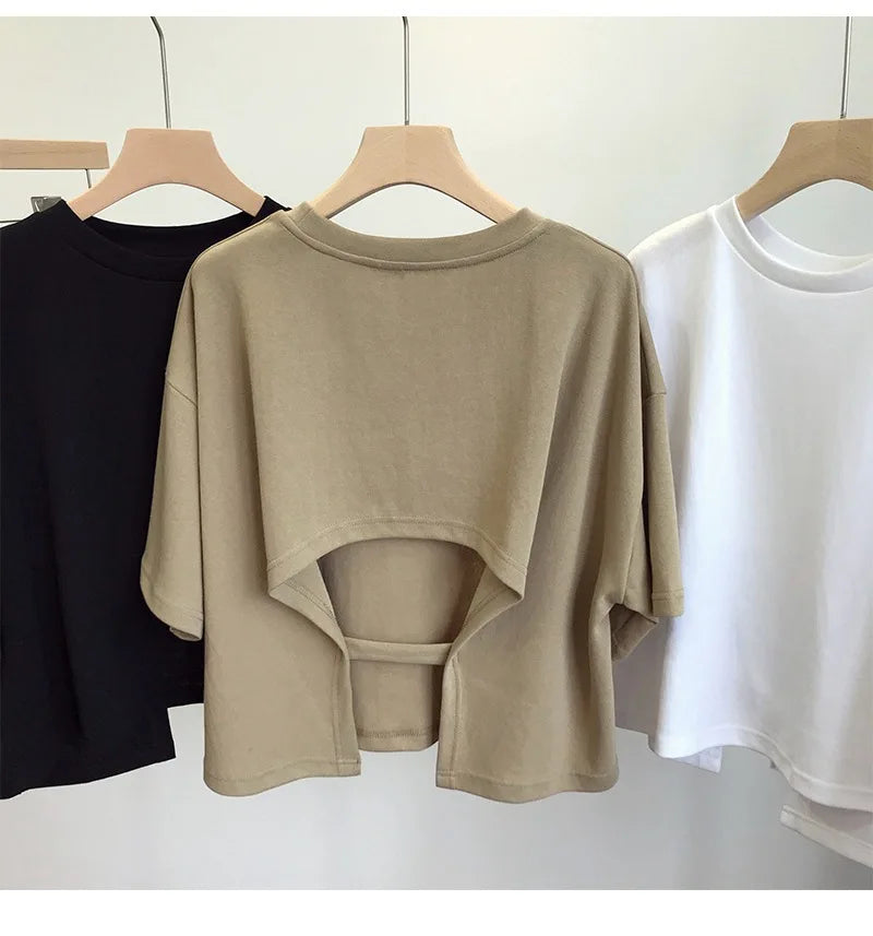 Summer New Ladies Casual Backless T-Shirt 2023 Korean Women Round Neck Loose Sweet Spicy Wind Short-Sleeved Crop Tops