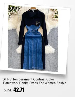 XFPV 2025 Summer Fashion Short Sleeve Round Neck High Waistband Slim A-line Denim Printed Patchwork Dress For Women SM11498