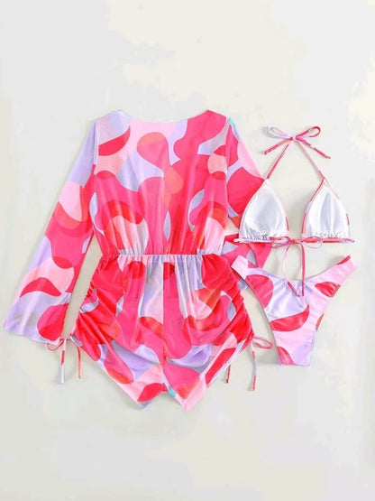 3 Pieces Triangle Halter String Bikini Long Sleeve Swimsuit Women Swimwear Female Bathers Bathing Swimming Swim Suit