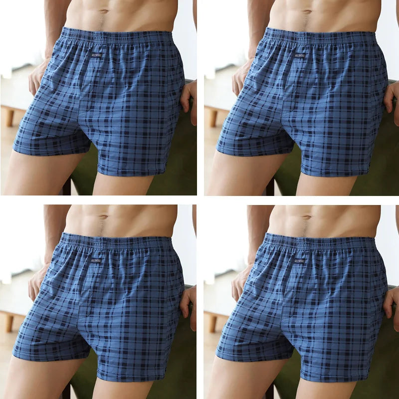4pcs Male Arrow Pants Men Cotton Plaid Boxers Shorts Loose Mid-Waisted Men's Plus Size Underwear Homewear Comfortable Panties