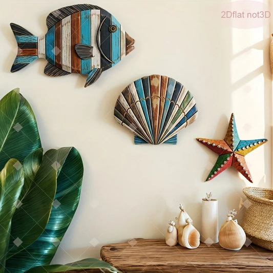 1/2 Set Colorful Ocean Art -Wooden Sea Fish, Shell, Starfish Farmhouse Style Decor, for Halloween, Christmas, Thanksgiving, Gift