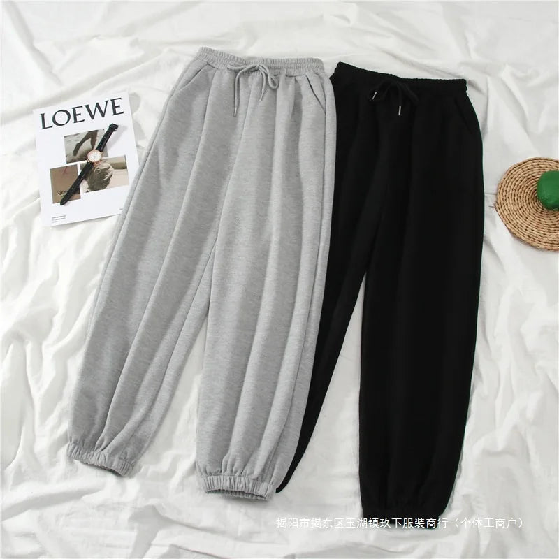 Women's Autumn Winter Casual Sports Loose Slimming Versatile Fleece-lined Outerwear Straight-leg Cuffed Pants Carrot Sweatpants