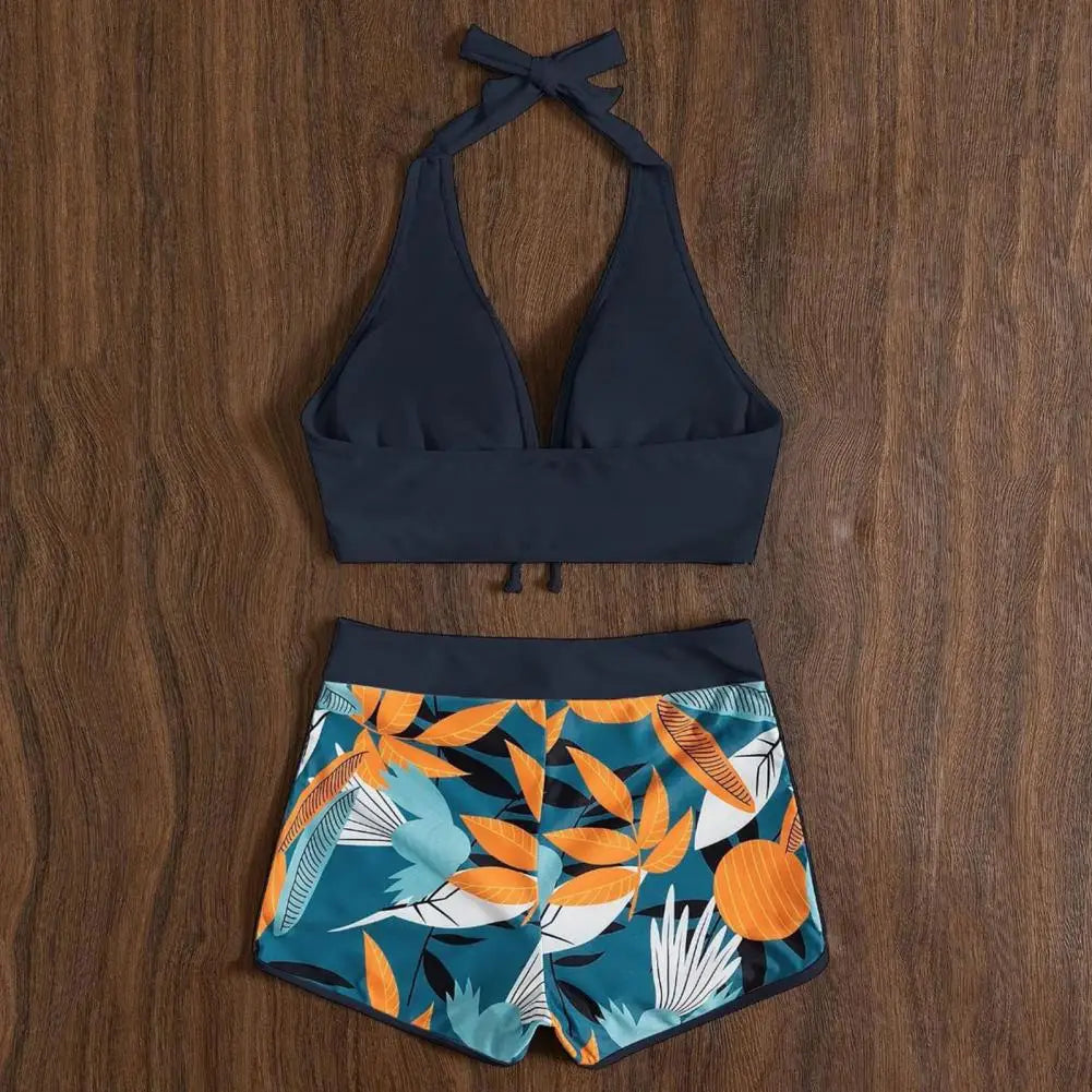 2Pcs/Set Bikinis Set Bowknot Decor Floral Print Bikini Backless Halter Bra High Waist Beachwear Female Beach Clothing
