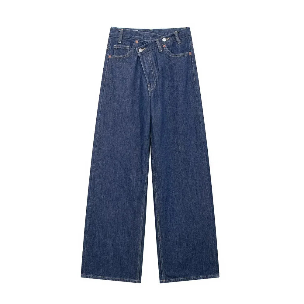 TRAF Women's Basic Hundred Jeans New Fashion Asymmetric Design High Waist Wide Leg Trousers Casual Women's Straight Leg Jeans
