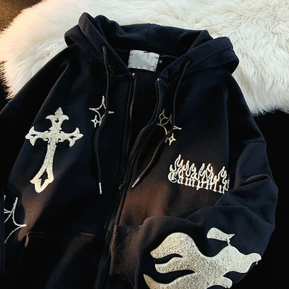 American Style Trendy Brand Embroidered Sport Jacket Oversize Couple Top Cardigan Hooded Sweatshirt Men Spring Autumn Casual Loo