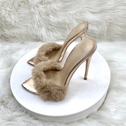Super High Heels Summer Women Slippers Fur pointed toes Slip On Slides high heels 12cm sexy women sandals 33-4512cm
