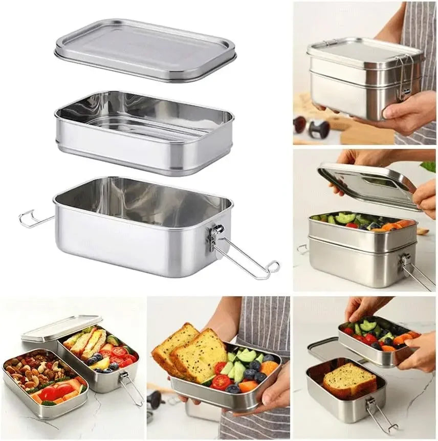 2 Layer Stackable Bento Lunch Box for Kids & Adults, 1400ml Stainless Steel Food Storage Container for School, Work & Travel