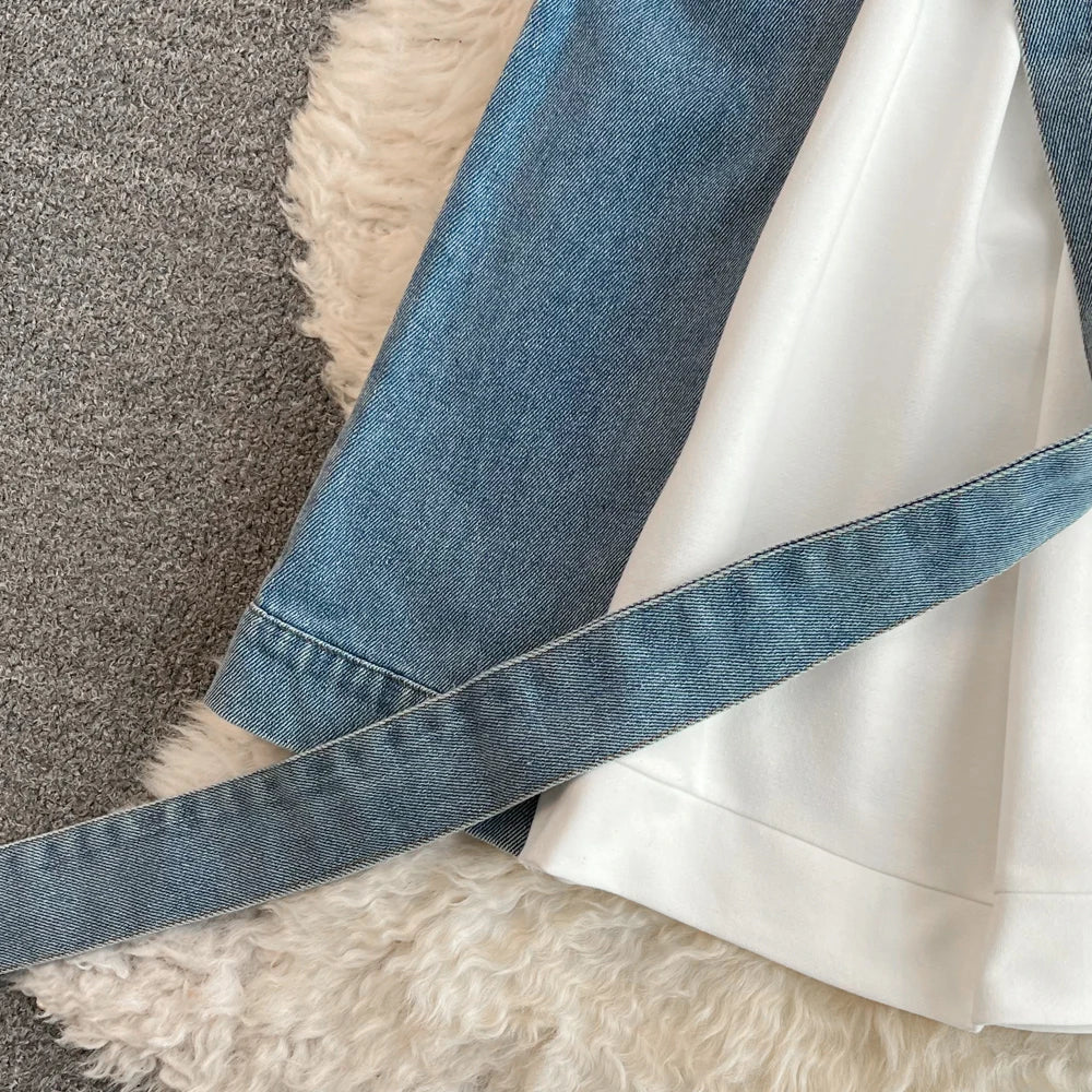 XFPV 2025 Summer Fashion Short Sleeve Round Neck High Waistband Slim A-line Denim Printed Patchwork Dress For Women SM11498