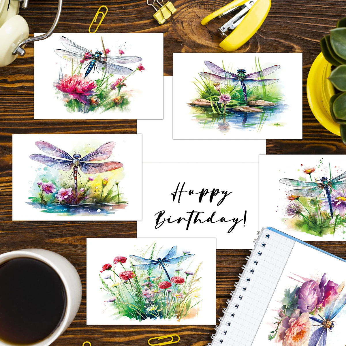 12pcs Watercolor Esign Dragonfly Flower Greeting Cards With Envelopes For Thank You Gifts, Birthday Congratulation, Wedding Wish