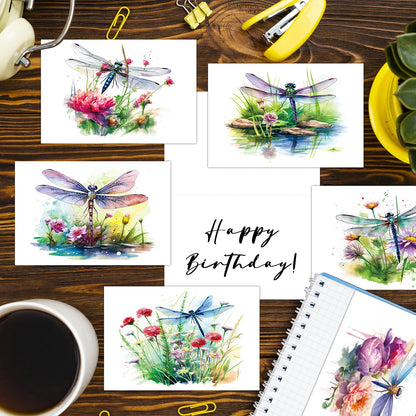 12pcs Watercolor Esign Dragonfly Flower Greeting Cards With Envelopes For Thank You Gifts, Birthday Congratulation, Wedding Wish