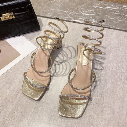 Xibeilove 2024 Summer Luxury Women Sandals Crystal Square Head Gold Rhinestone Snake Pattern High Heels Wedding Party Shoes