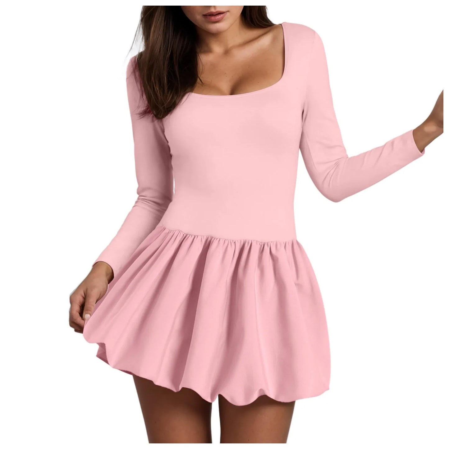Summer Dresses Women'S Sexy Bustier Square Neck Long Sleeve Ruffles Short Dress Cute Bubble Design Mini Dress Party Vestidos