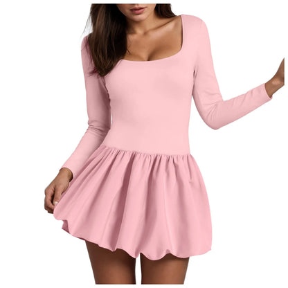 Summer Dresses Women'S Sexy Bustier Square Neck Long Sleeve Ruffles Short Dress Cute Bubble Design Mini Dress Party Vestidos