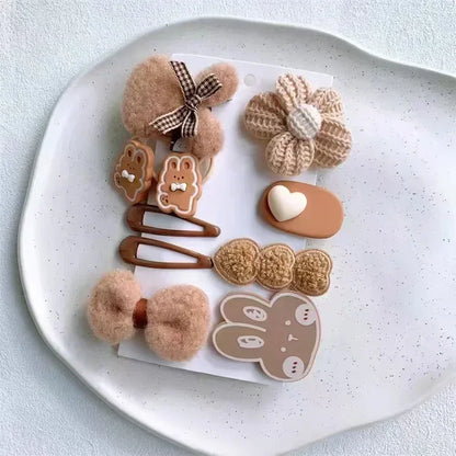 Autumn Winter 8Pcs Kids Hairclip Cartoon Bear Cute Bowknot Baby Princess Hair Accessories Newborn Cream Color Hairclips For Girl