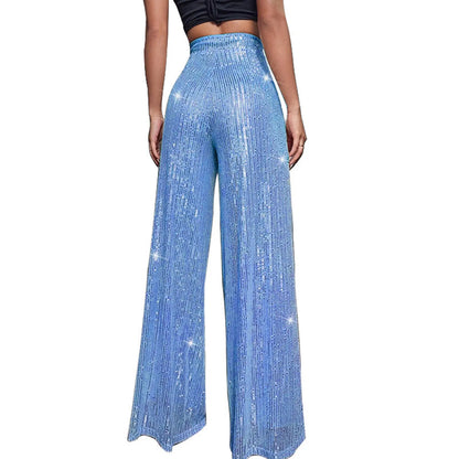 Women's Fashion Solid Color High Waist Sequin Side Zipper Draped Wide Leg Pants Pants for Women Women’s Pants Women’s Pants 2024
