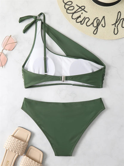 Bikini 2024 New Swimsuit Women Swimwear Solid Black One Shoulder Bikinis Set Bathing Suit Female Two Pieces Beach Wear Biquini