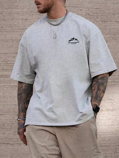 Summer men's 100% pure cotton casual loose plus size Letter And Mountain pattern printed round neck short sleeved T-shirt top