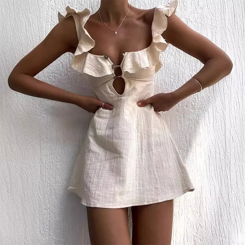 Summer Hollow Out Button Ruffles Short Dress Sexy V Neck Sleeveless Solid Color Dress New Holiday Beach Cotton Linen Mini Dress
