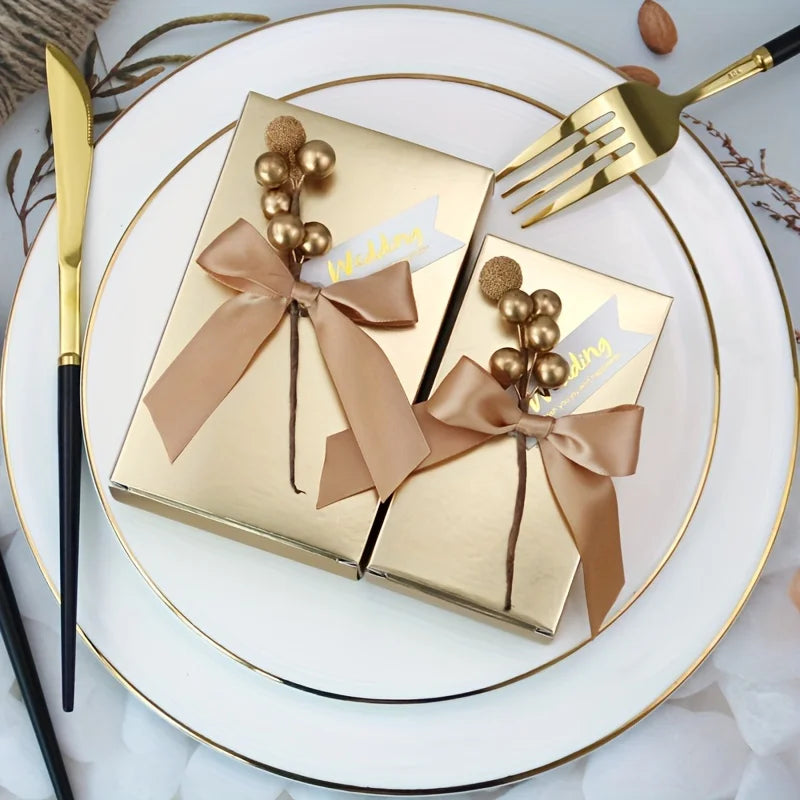 20Pcs Square Paper Box Gold Candy Boxes Ribbon Beading Chocolate Cake Lipstick Wedding Thanksgiving Anniversary Gift Packaging