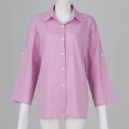 Summer Plus Size Cotton Linen Solid Color Seven-Point Sleeve Shirt V-Neck For Ladies Loose Casual Lightweight Camisas De Mujer