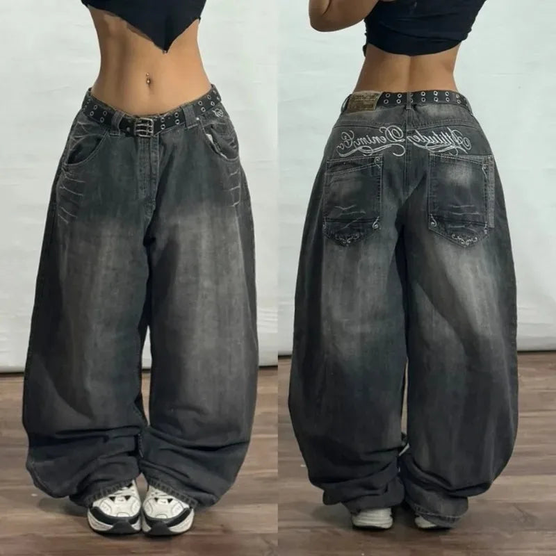 Street Fashion Trend New Pattern Embroidered Baggy Jeans Women Y2K Gothic Vintage Hip Hop Rock Popular High Waist Wide Leg Pants
