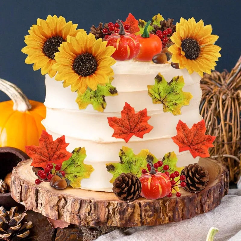 73pcs Fall cake Toppers Thanksgiving cake Decoration Autumn Artificial Pumpkins Sunflowers Maple Leaves Fall Cake Party Decor