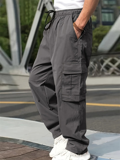 2024 Spring/Summer New Men's Fashion Casual Pants Solid Color Drawstring Multi Pocket Sports Running Straight Work Pants