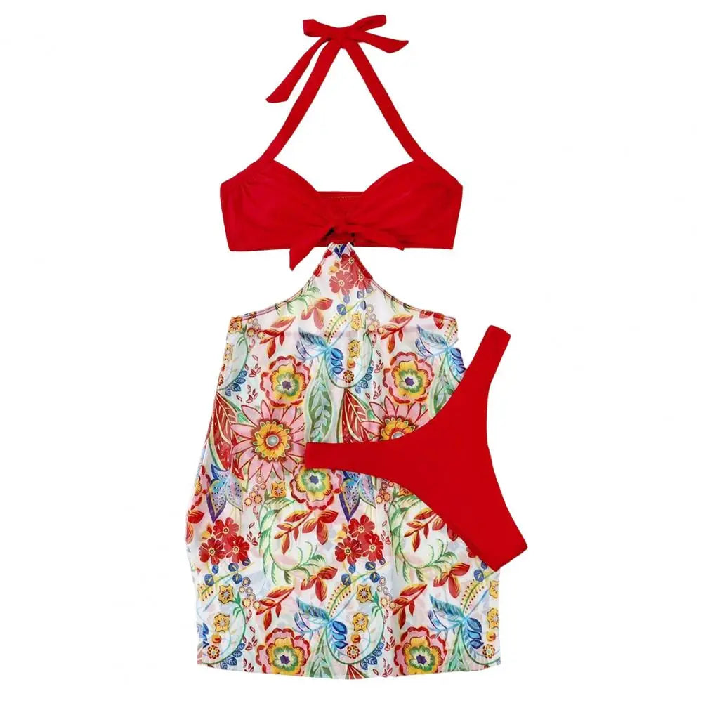 3Pcs/Set Women Swimwear Halter With Skirt Push Up Swim Pool Matching Sexy High Waist Thong Bikinis Set Water Sports Accessory