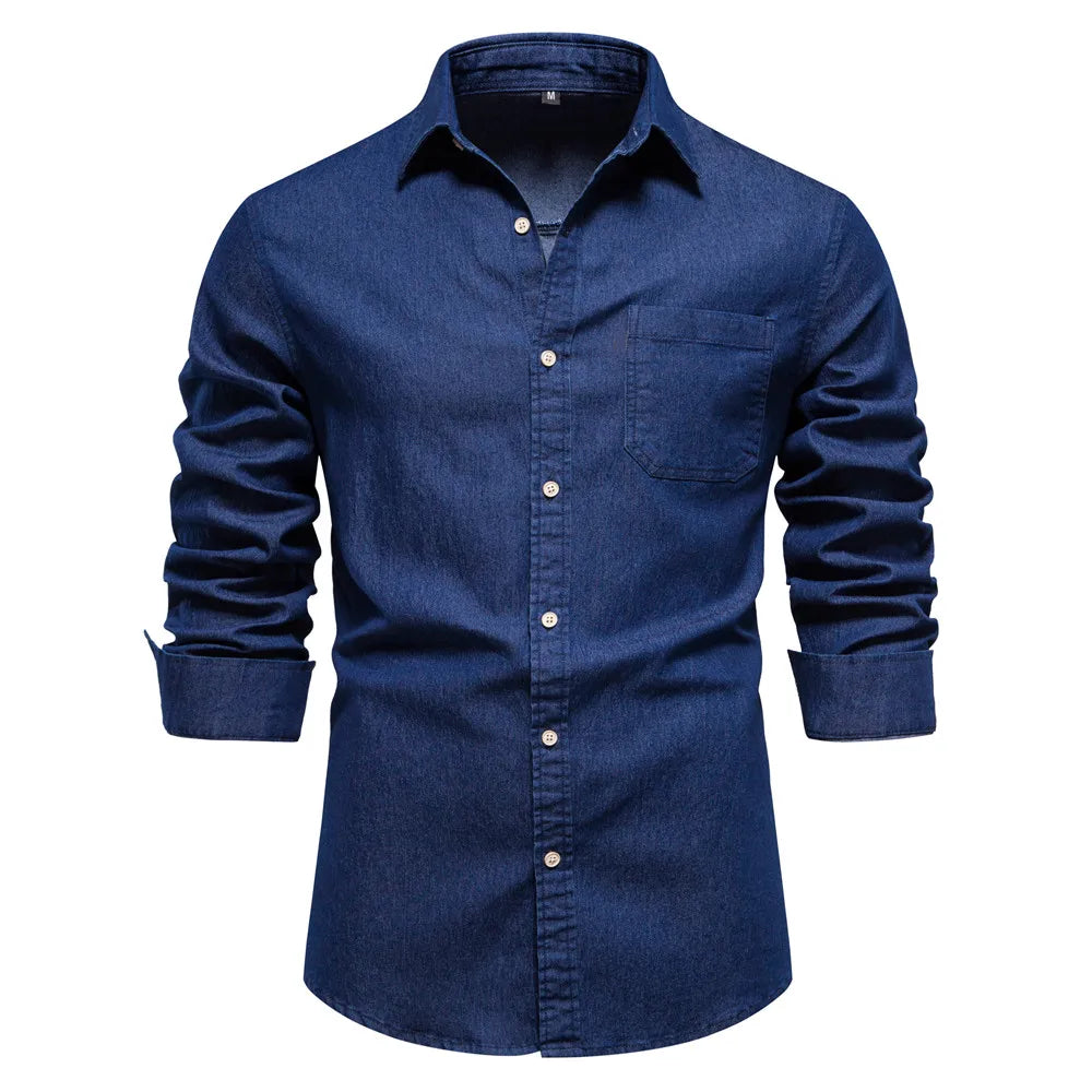 AIOPESON Autumn New Cotton Men's Denim Shirt Solid Color Single Pocket Casual Long Sleeve Shirt Autumn Jeans Shirt for Men
