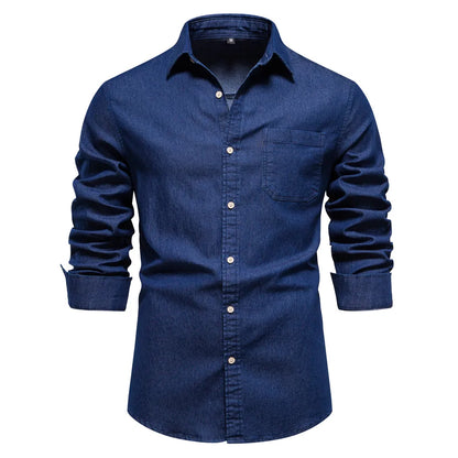 AIOPESON Autumn New Cotton Men's Denim Shirt Solid Color Single Pocket Casual Long Sleeve Shirt Autumn Jeans Shirt for Men