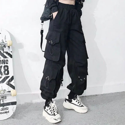 Streetwear Spring Summer Cargo Pants Women Harajuku Slim Punk Ribbons Joggers Elastic Waist Ankle-Length Trousers For Girls