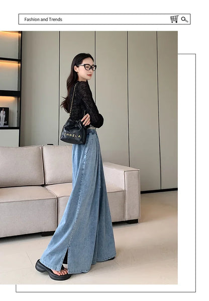 2024 Autumn New Loose-Fit Plus Size Women's Jeans Slimming Wide-Leg Ground-Length Simple Style Casual Ladies Pants