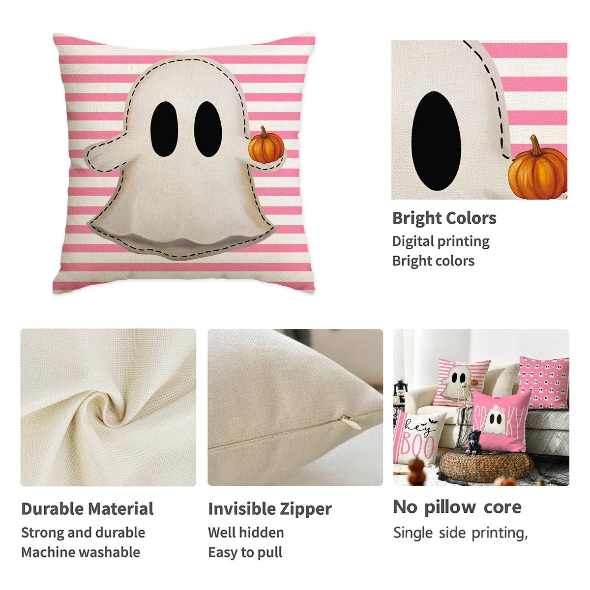 1/4pcs Halloween Pillow Cover, Halloween Night Cute Ghost Cushion Cover, Decorative Sofa, Living Room, Bedroom Cushion Cover
