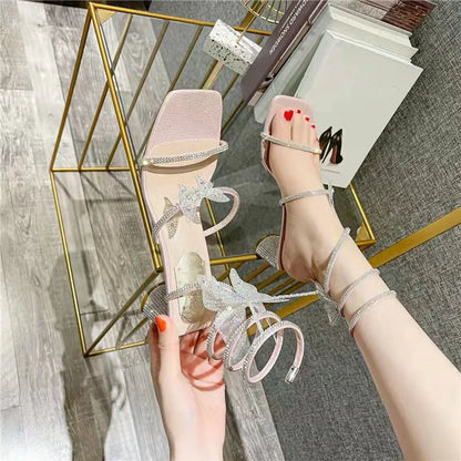 Xibeilove 2024 Summer Luxury Women Sandals Crystal Square Head Gold Rhinestone Snake Pattern High Heels Wedding Party Shoes