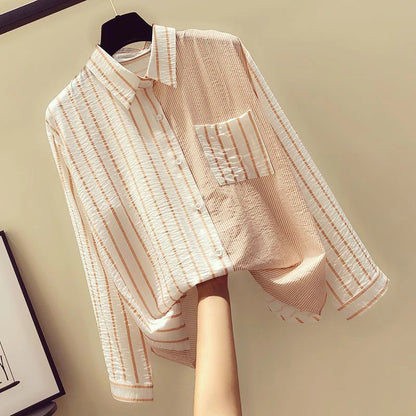 2025 Korean Summer Thin Trendy Striped Women's Shirt & Blouses Patchwork Pocket Loose Casual Office Lady Shirt Sweet Women's Top
